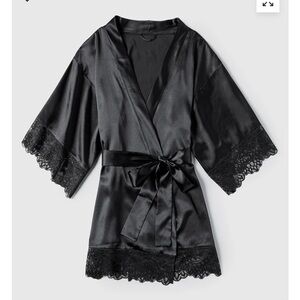LaSenza Black Lace Trim Satin Robe